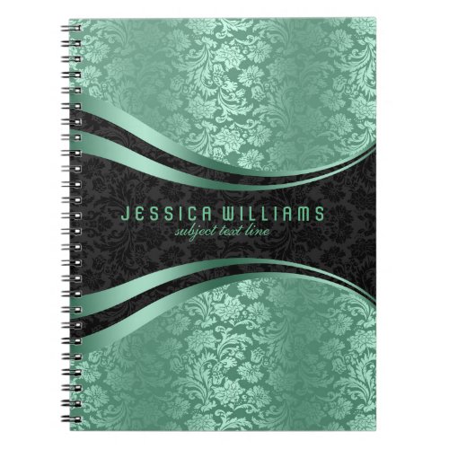 Elegant Black  Mint_Green Floral Damasks Pattern Notebook