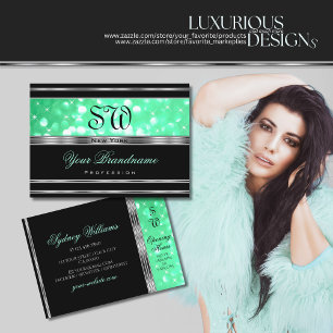 Elegant Black Mint Green Glitter Monogram Silver Business Card