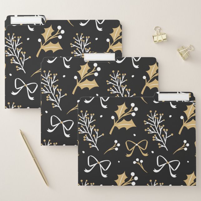 Elegant Black Mistletoe & Ribbon Christmas Pattern File Folder (Set)