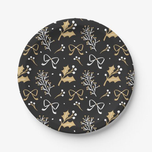 Elegant Black Mistletoe  Ribbon Christmas Pattern Paper Plates