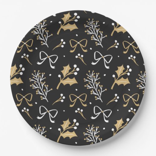 Elegant Black Mistletoe  Ribbon Christmas Pattern Paper Plates
