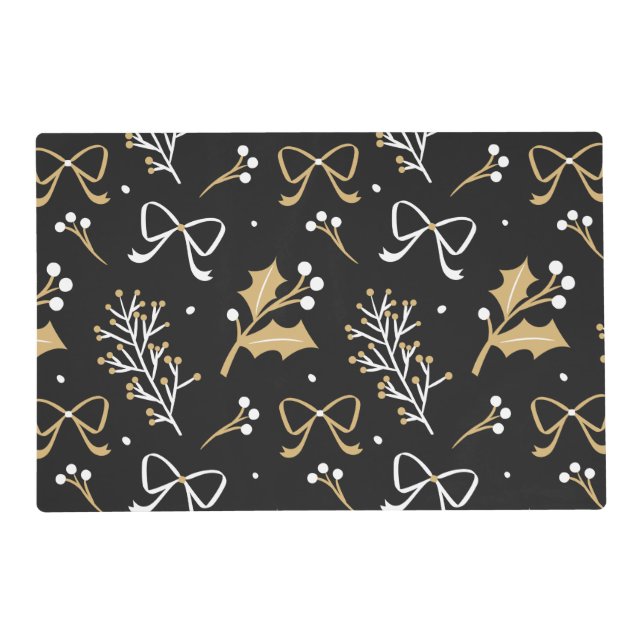 Elegant Black Mistletoe & Ribbon Christmas Pattern Placemat (Front)