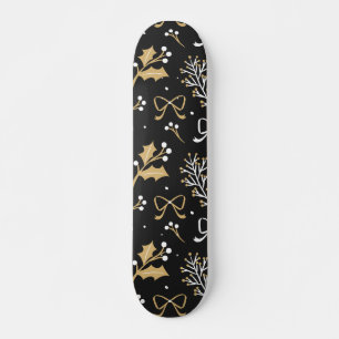 Elegant Black Mistletoe & Ribbon Christmas Pattern Skateboard