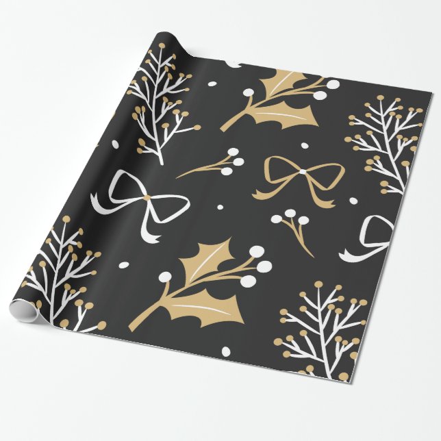 Elegant Black Mistletoe & Ribbon Christmas Pattern Wrapping Paper (Unrolled)