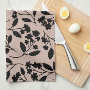 Elegant Black Modern Botanical Pattern Dusty Pink Kitchen Towel