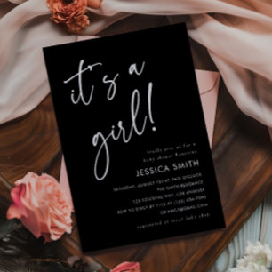 Elegant Black Modern Minimal Girl Baby Shower Invitation