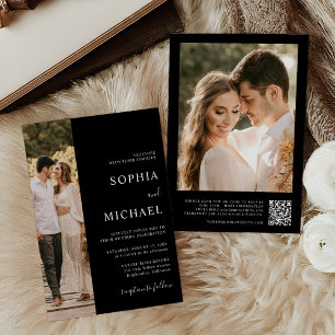 Elegant Black Modern Minimal Photo QR Code Wedding Invitation