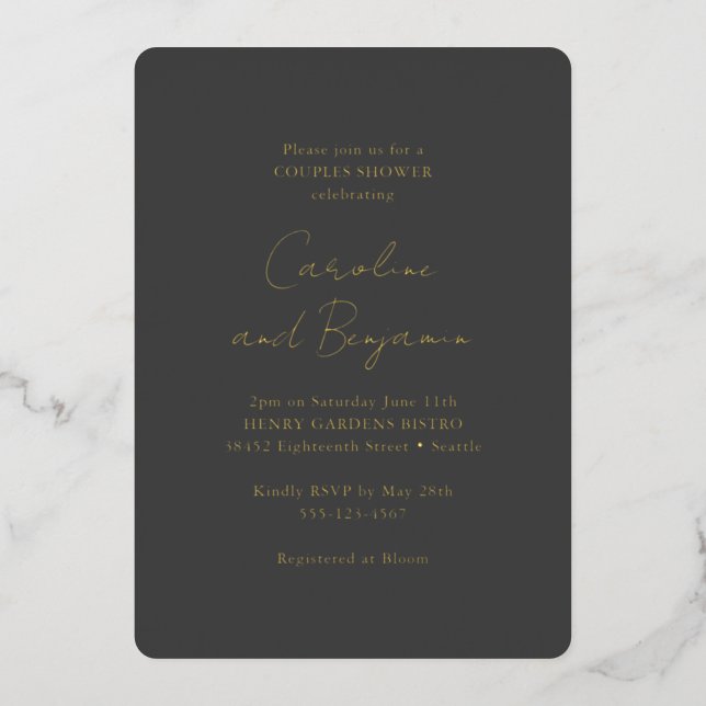 Elegant Black Modern Minimalist Couple Shower Gold Foil Invitation (Front)