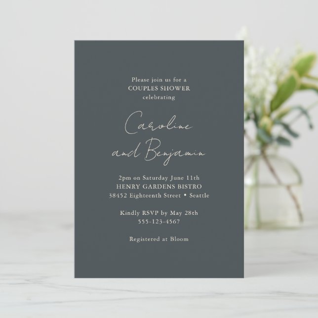 Elegant Black Modern Minimalist Couple Shower Invitation (Standing Front)