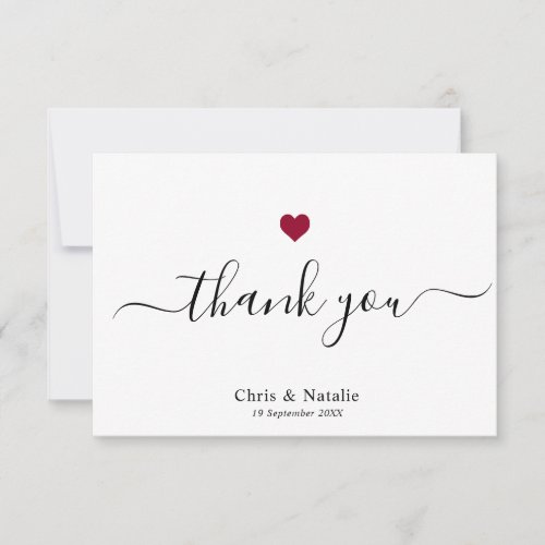 Elegant Black Modern Script Burgundy Red Heart Thank You Card