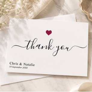 Elegant Black Modern Script Burgundy Red Heart Thank You Card