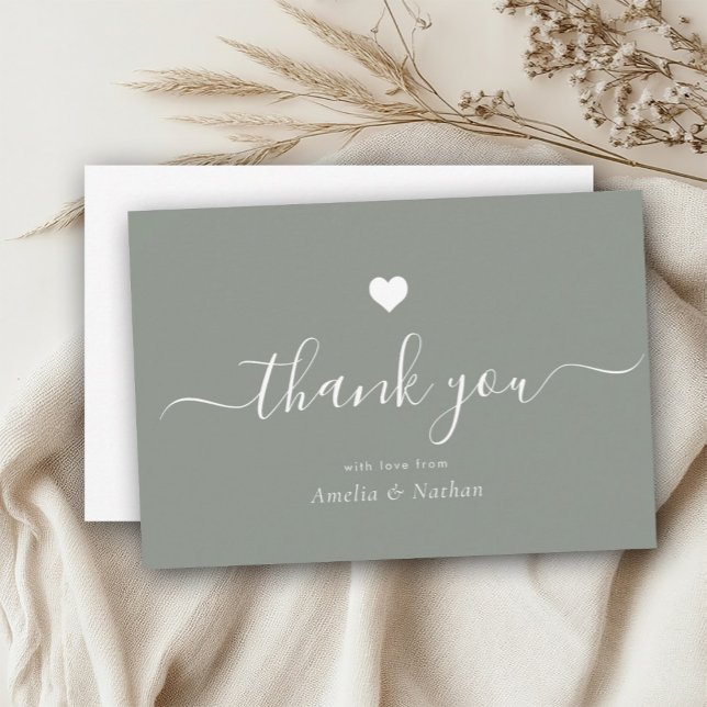 Elegant Black Modern Script Dusty Green Heart Thank You Card (Creator Uploaded)