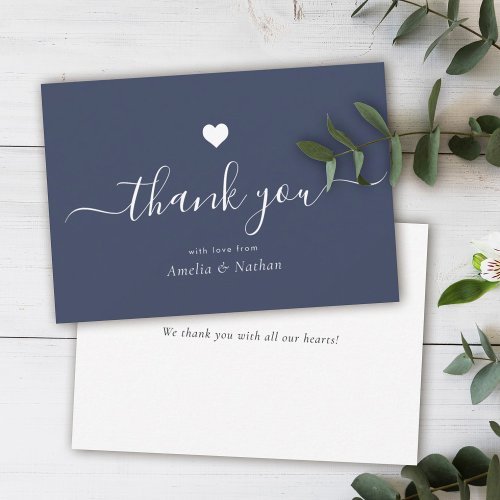 Elegant Black Modern Script Navy Blue Heart  Thank You Card