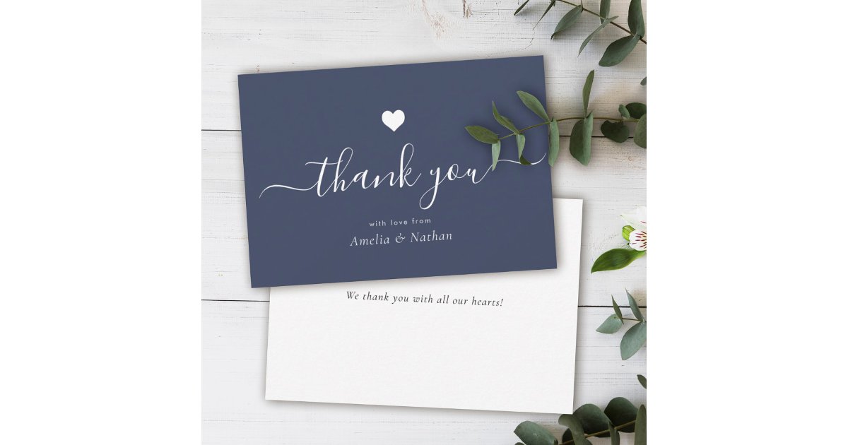 Elegant Black Modern Script Navy Blue Heart Thank You Card | Zazzle