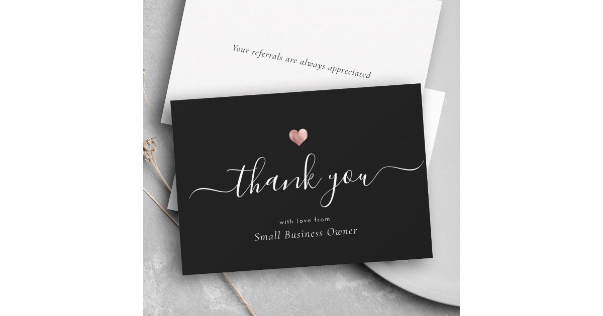 Elegant Black Modern Script Rose Gold Business Thank You Card | Zazzle
