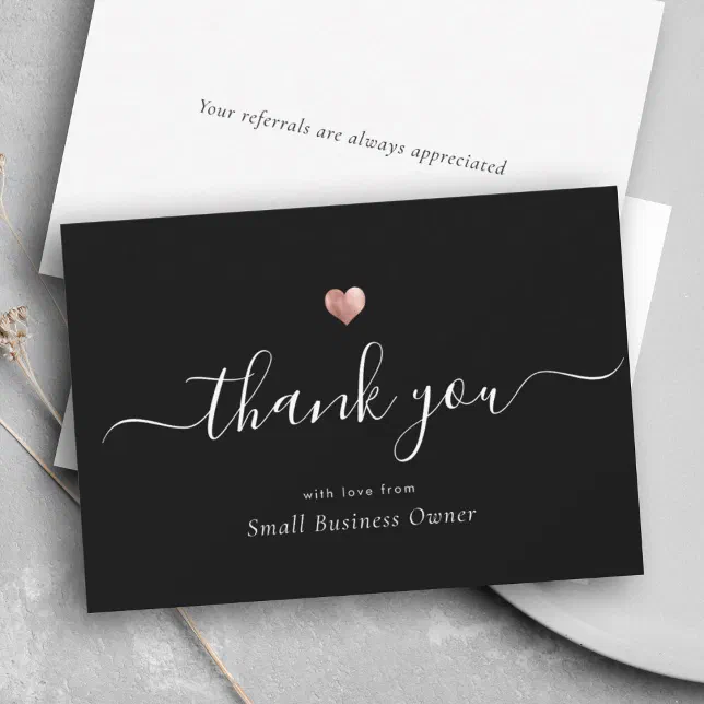 Elegant Black Modern Script Rose Gold Business Thank You Card | Zazzle