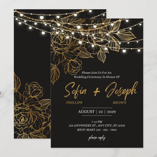 Elegant Black Modern Wedding Invitation Card  (Front/Back)