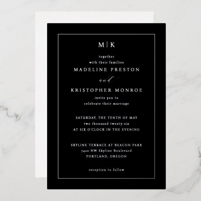 Elegant Black Monochrome Calligraphy Foil Invitation (Front/Back)