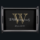 Elegant Black Monogram And Family Name Cool Chic  Serving Tray<br><div class="desc">Elegant Black Monogram And Family Name Cool Chic Serving Tray. Personalized monogram initial with the family's last name and date established in script lettering on a black background. Makes a unique cute Holiday gift or a housewarming gift. Click personalize this template to customize it quickly and easily. Ships Worldwide fast....</div>