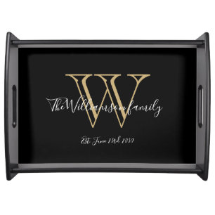 Elegant Black Monogram And Family Name Cool Chic Serving Tray