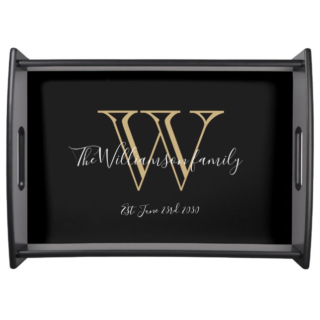 Elegant Black Monogram And Family Name Cool Chic  Serving Tray (Front)