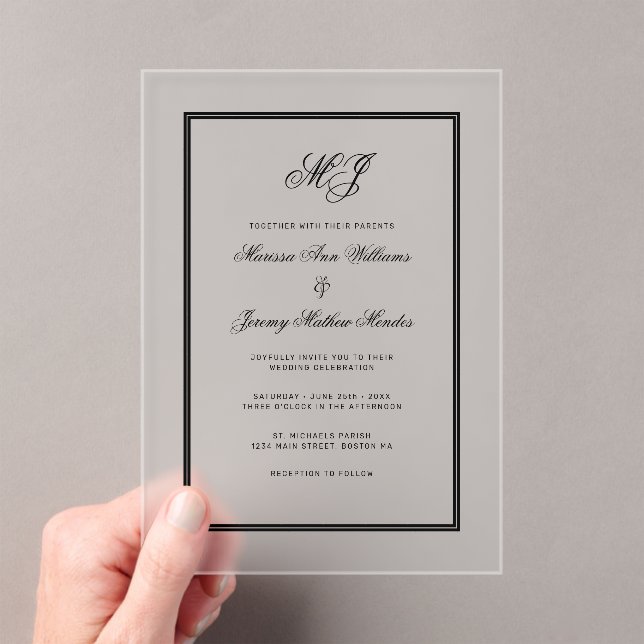 Elegant Black Monogram Calligraphy Frame Wedding Acrylic Invitations (Insitu (Handheld))
