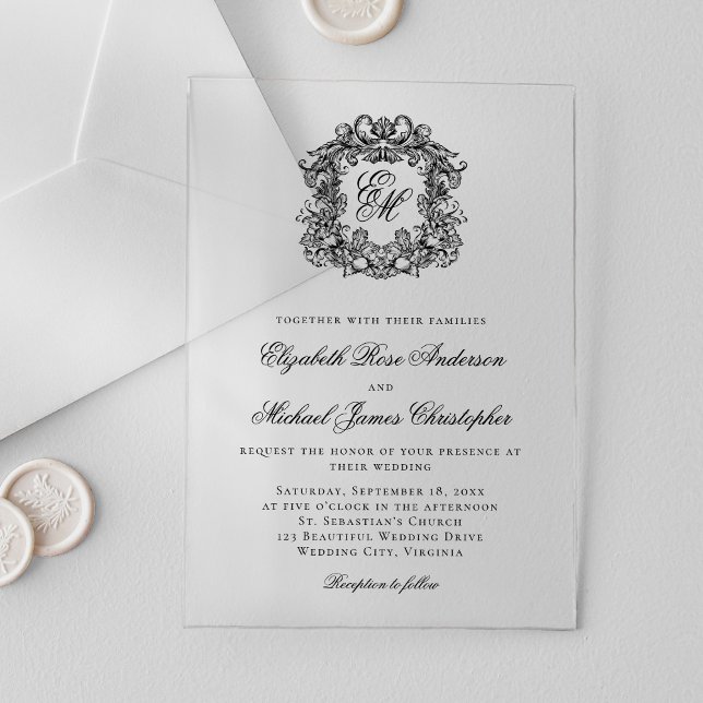Elegant Black Monogram Crest Wedding Acrylic Invitations (Creator Uploaded)