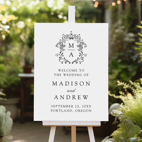 Elegant Black Monogram Crest Wedding Welcome Foam Board