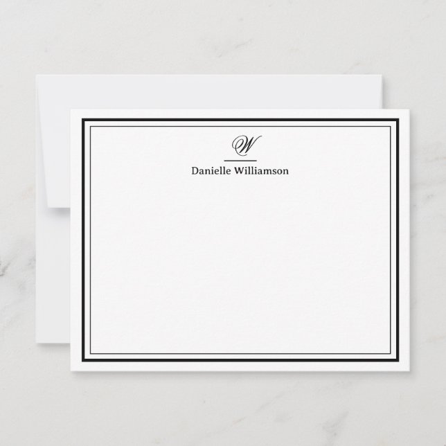 Elegant Black Monogram Double Border Flat White Note Card (Front)