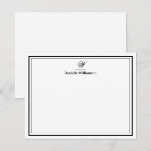 Elegant Black Monogram Double Border Flat White Note Card