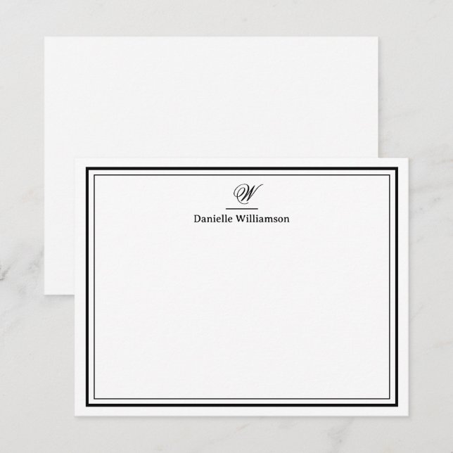 Elegant Black Monogram Double Border Flat White Note Card (Front/Back)