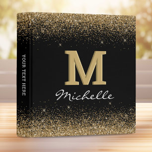 Elegant Black Monogram Gold Glitter 3 Ring Binder