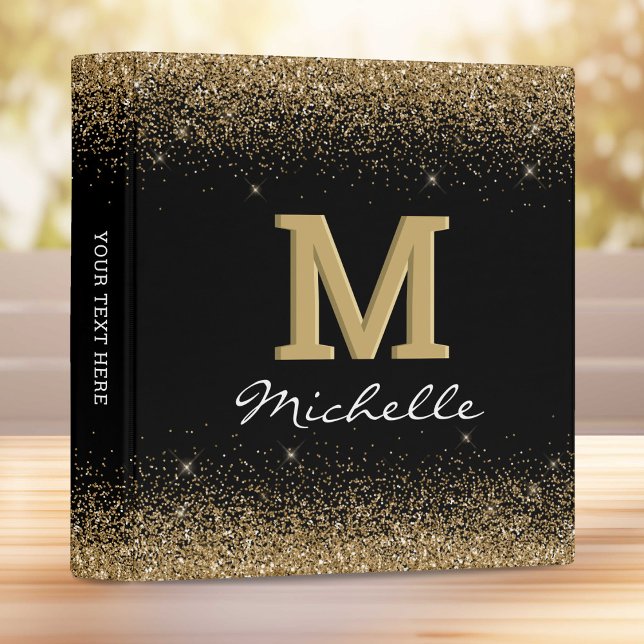 Elegant Black Monogram Gold Glitter 3 Ring Binder (Creator Uploaded)