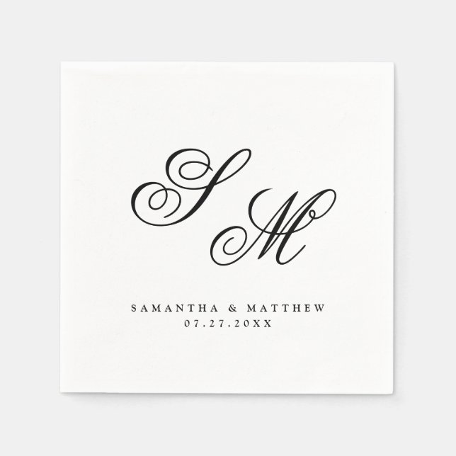Elegant Black Monogram Initials Formal Wedding Napkins (Front)