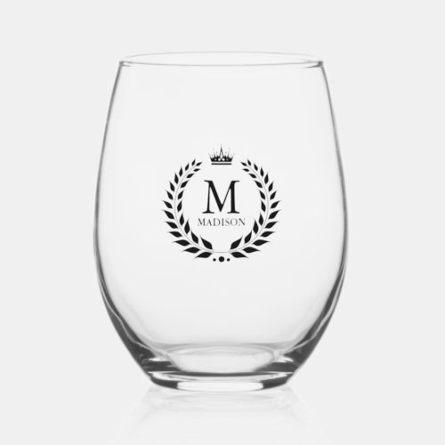 Elegant Black Monogram Laurel Wreath Crown Stemless Wine Glass