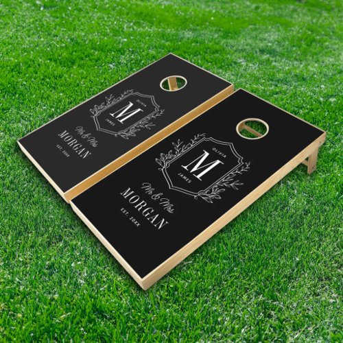 Elegant Black Monogram Mr and Mrs Wedding Cornhole Set