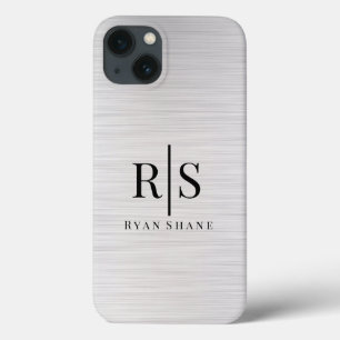 Elegant Black Monogram & Name, Brushed Silver iPhone 13 Case