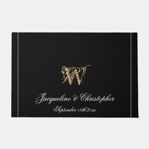 Elegant Black Monogram Names Newlyweds Wedding Doormat