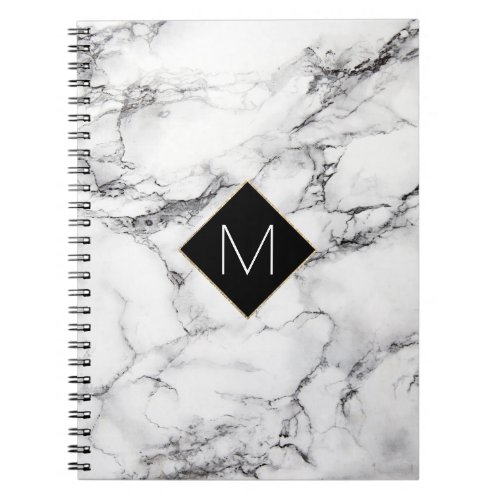 elegant black monogram on white marble texture notebook