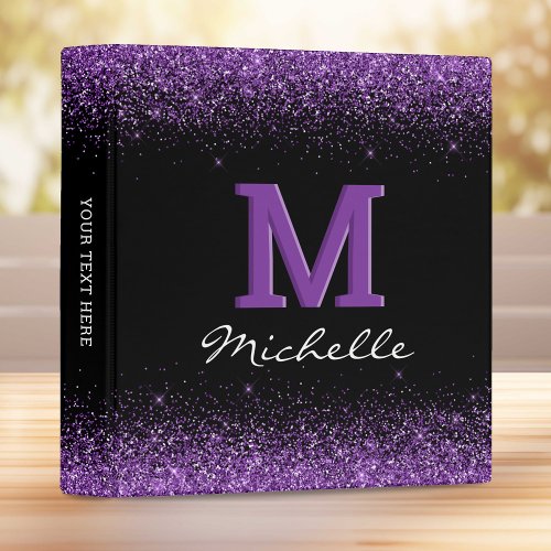 Elegant Black Monogram Purple Glitter 3 Ring Binder