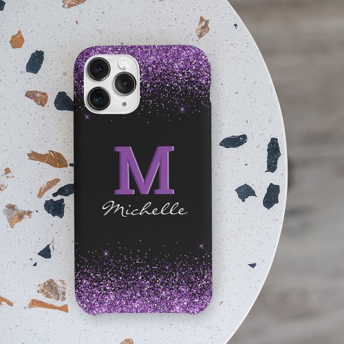 Elegant Black Monogram Purple Glitter iPhone 12 Case