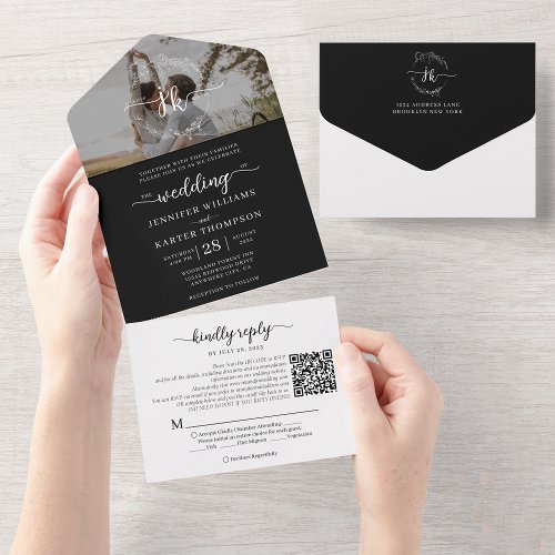 Elegant Black Monogram QR Code Photo Wedding All In One Invitation