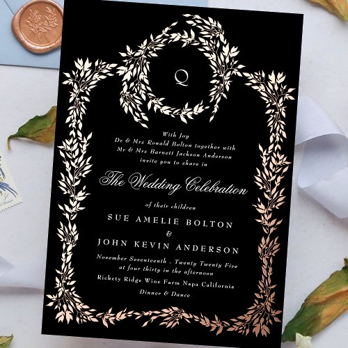 Elegant Black  monogram Rose Gold Crest Wedding Foil Invitation