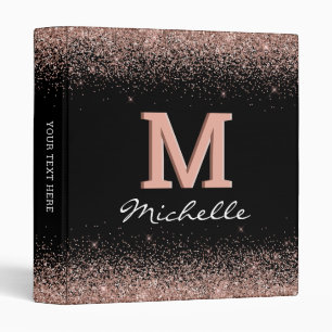 Elegant Black Monogram Rose Gold Glitter 3 Ring Binder