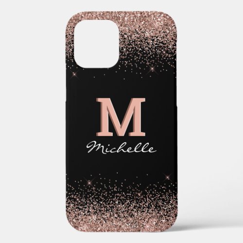 Elegant Black Monogram Rose Gold Glitter iPhone 12 Case