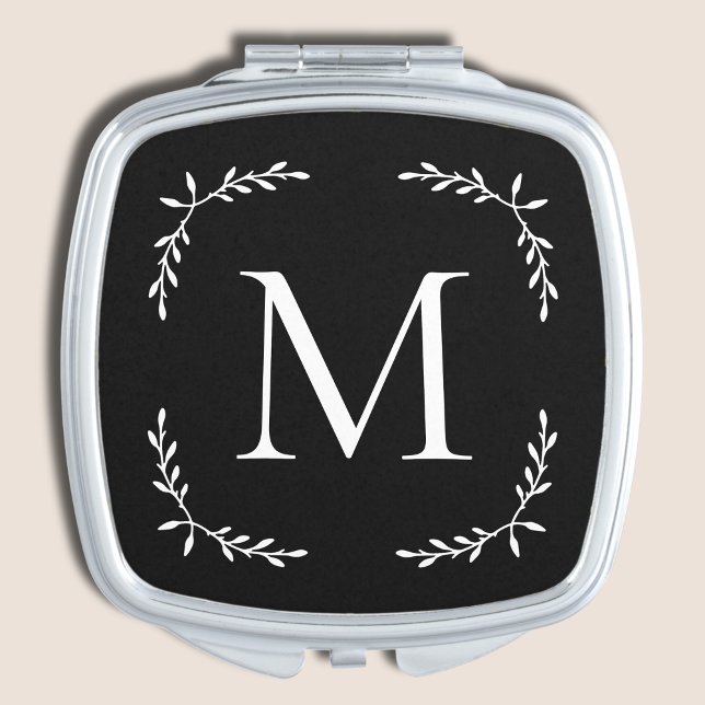 Elegant Black Monogram Square Compact Mirror (Elegant Monogram Black & White Elegant Bridal Bridesmaid Gift Mirror Compact)