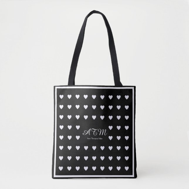 Elegant black monogram tote bag with hearts (Front)