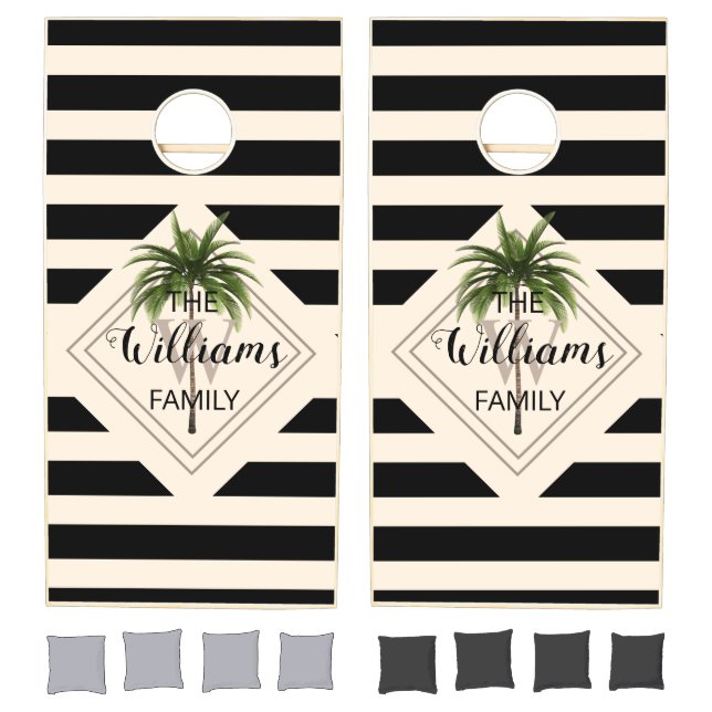 Elegant Black Monogram Tropical Palm Tree Beach Cornhole Set (Set)