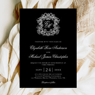 Elegant Black Monogram Wedding Crest Invitation