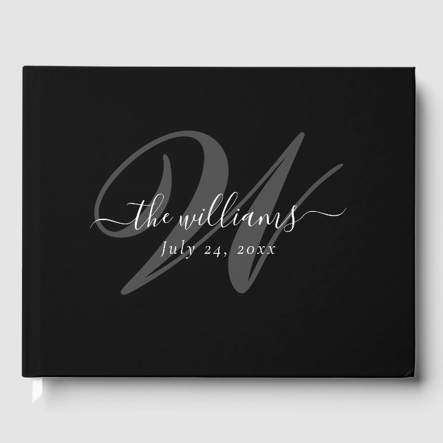 Elegant Black Monogram Wedding Guest Book (Front)